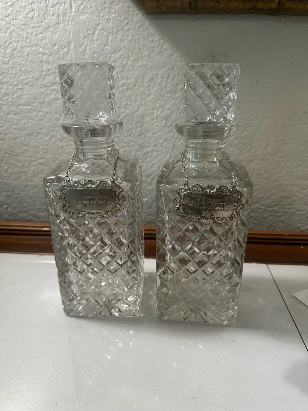 Cut Glass Square Decanters with Silver Labels - Clear Crystal